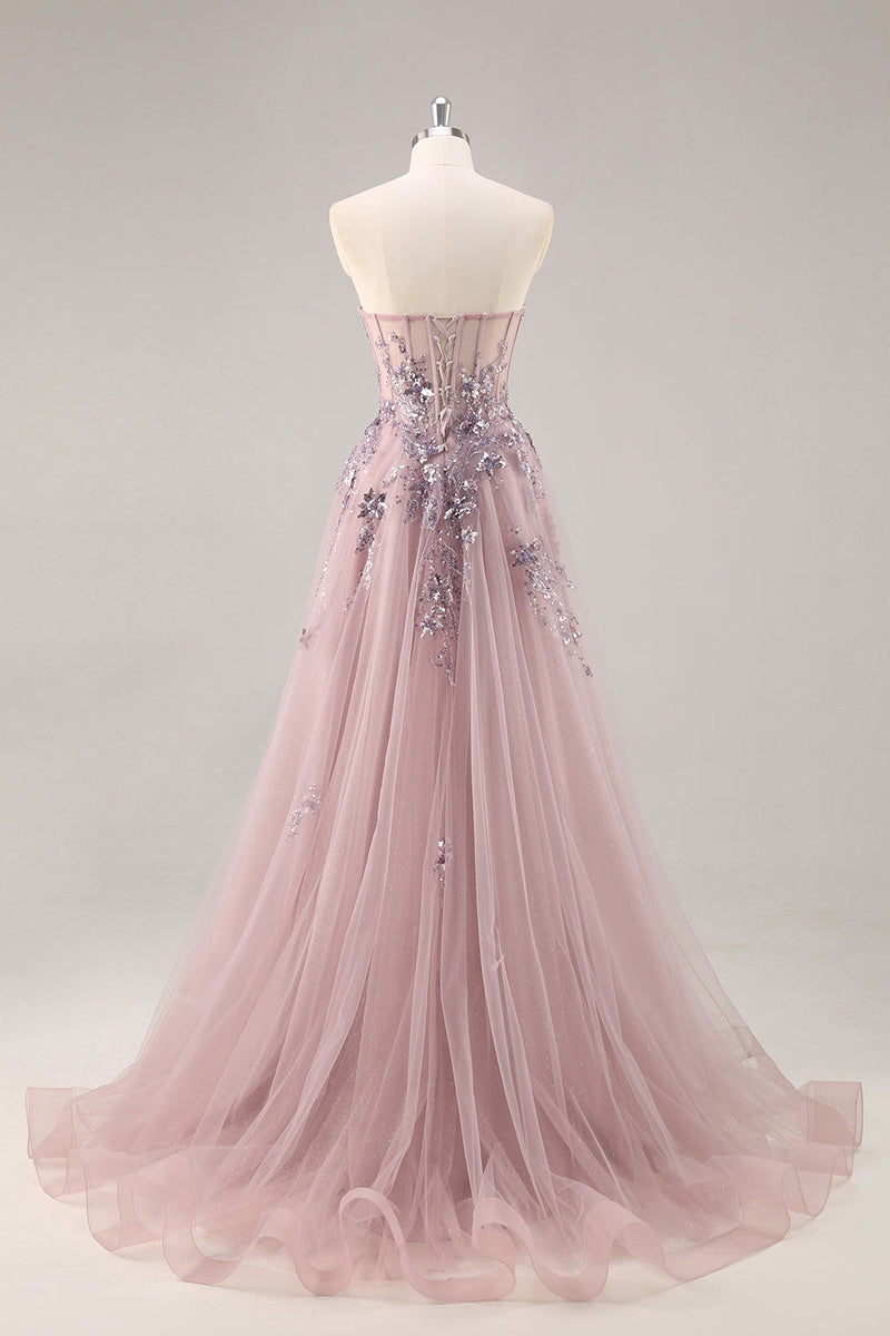 Load image into Gallery viewer, Sparkly Grey Pink Corset Sweetheart Long Prom Dress with Appliques
