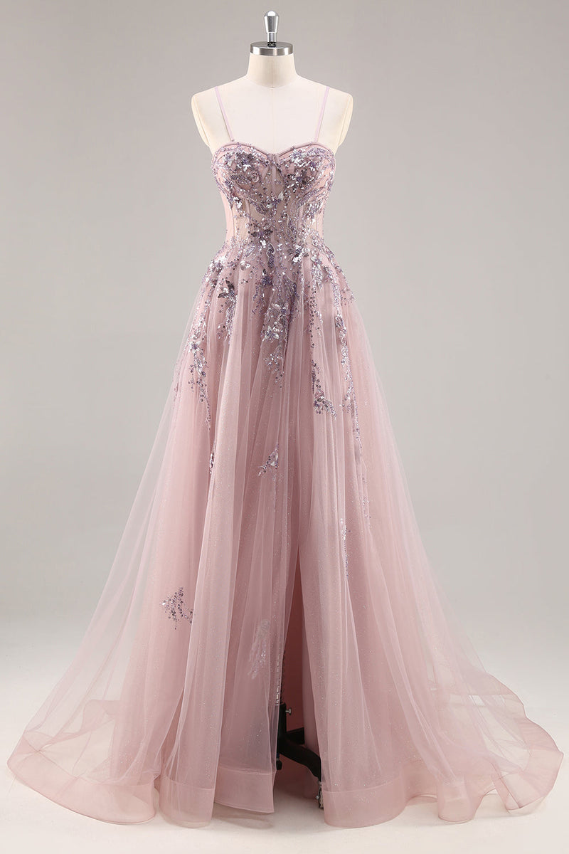 Load image into Gallery viewer, Sparkly Grey Pink Corset Sweetheart Long Prom Dress with Appliques