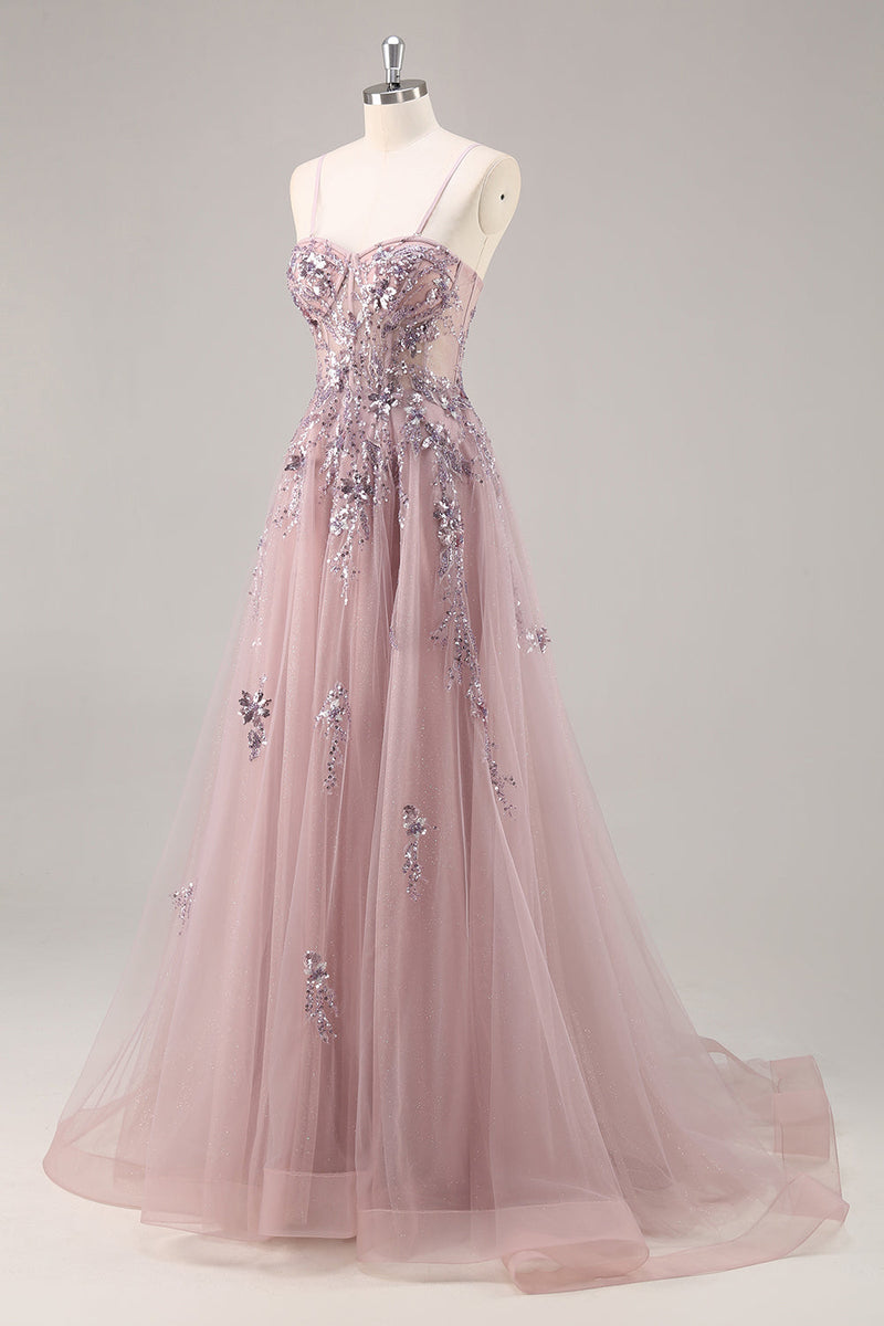 Load image into Gallery viewer, Sparkly Grey Blue Corset Sweetheart Long Prom Dress with Appliques