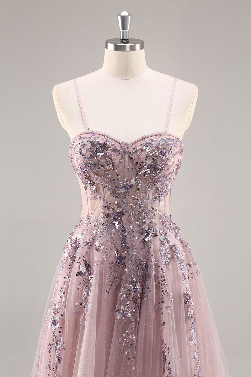 Load image into Gallery viewer, Sparkly Grey Blue Corset Sweetheart Long Prom Dress with Appliques