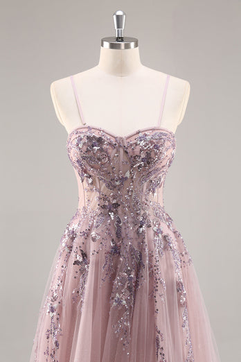Sparkly Grey Pink Corset Sweetheart Long Prom Dress with Appliques