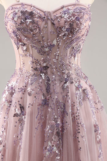Sparkly Grey Pink Corset Sweetheart Long Prom Dress with Appliques