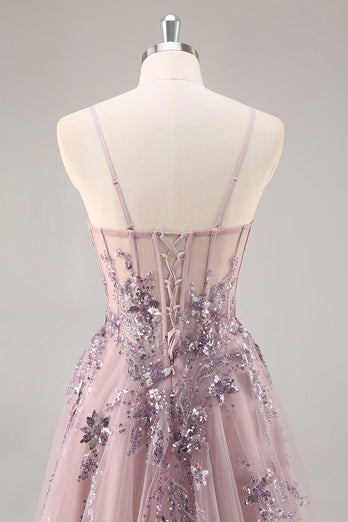 Sparkly Grey Pink Corset Sweetheart Long Prom Dress with Appliques