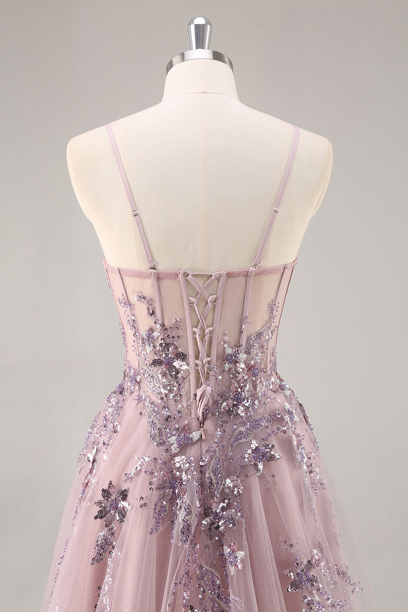 Load image into Gallery viewer, Sparkly Grey Pink Corset Sweetheart Long Prom Dress with Appliques