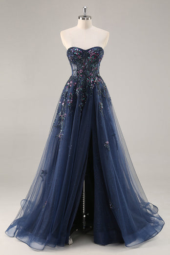 Sparkly Grey Blue Corset Sweetheart Long Prom Dress with Appliques