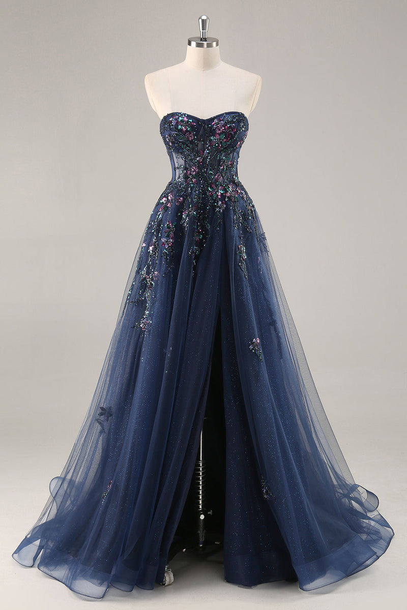Load image into Gallery viewer, Sparkly Grey Pink Corset Sweetheart Long Prom Dress with Appliques