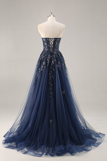 Sparkly Grey Blue Corset Sweetheart Long Prom Dress with Appliques