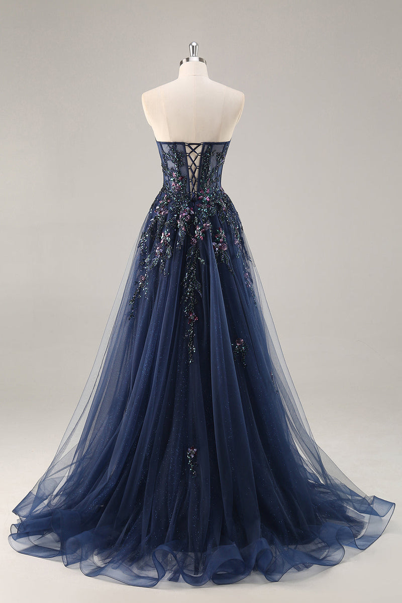 Load image into Gallery viewer, Sparkly Grey Blue Corset Sweetheart Long Prom Dress with Appliques