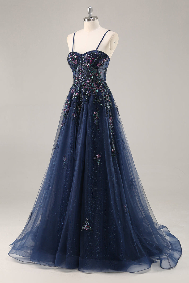 Load image into Gallery viewer, Sparkly Green Corset Sweetheart Long Prom Dress with Appliques