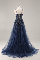 Load image into Gallery viewer, Sparkly Navy Corset Sweetheart Long Prom Dress with Appliques