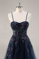 Load image into Gallery viewer, Sparkly Navy Corset Sweetheart Long Prom Dress with Appliques