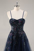 Load image into Gallery viewer, Sparkly Grey Blue Corset Sweetheart Long Prom Dress with Appliques