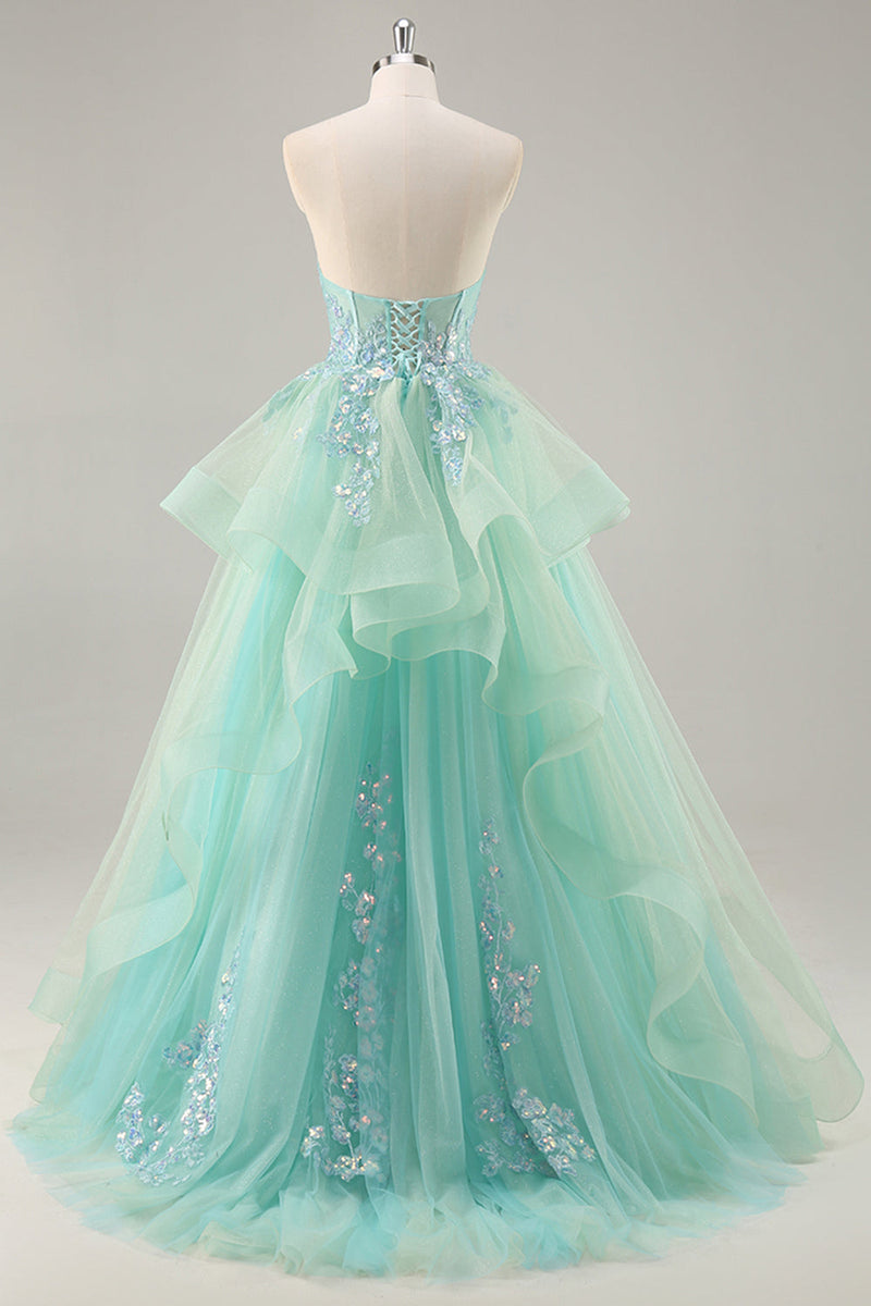 Load image into Gallery viewer, Sparkly Green Corset Strapless Long Prom Dress with Ruffles
