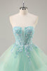 Load image into Gallery viewer, Sparkly Green Corset Strapless Long Prom Dress with Ruffles