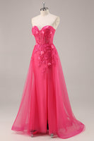 Load image into Gallery viewer, Fuchsia Floral Corset Sweetheart Tulle Long Prom Dress with Slit