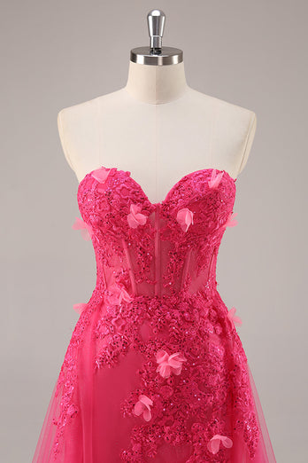 Fuchsia Floral Corset Sweetheart Tulle Long Prom Dress with Slit