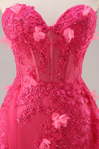 Fuchsia Floral Corset Sweetheart Tulle Long Prom Dress with Slit