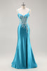 Load image into Gallery viewer, Blue Corset Appliqued Satin Mermaid Long Prom Dress with Slit