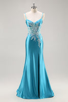 Load image into Gallery viewer, Blue Corset Appliqued Satin Mermaid Long Prom Dress with Slit