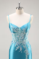 Load image into Gallery viewer, Blue Corset Appliqued Satin Mermaid Long Prom Dress with Slit