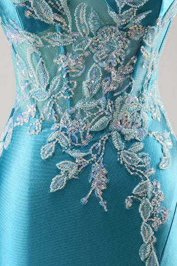 Blue Corset Appliqued Satin Mermaid Long Prom Dress with Slit