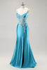 Load image into Gallery viewer, Blue Corset Appliqued Satin Mermaid Long Prom Dress with Slit