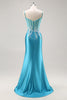 Load image into Gallery viewer, Blue Corset Appliqued Satin Mermaid Long Prom Dress with Slit