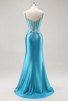 Blue Corset Appliqued Satin Mermaid Long Prom Dress with Slit