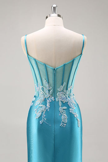 Blue Corset Appliqued Satin Mermaid Long Prom Dress with Slit