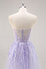 Load image into Gallery viewer, Sparkly Lilac Tulle Strapless Corset Long Prom Dress with Appliques