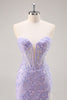 Load image into Gallery viewer, Sparkly Lilac Tulle Strapless Corset Long Prom Dress with Appliques