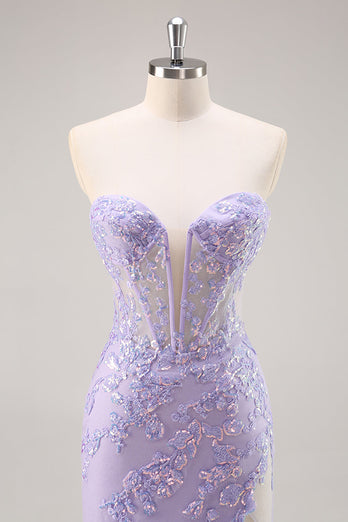 Sparkly Lilac Tulle Strapless Corset Long Prom Dress with Appliques