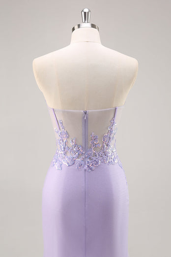Sparkly Lilac Tulle Strapless Corset Long Prom Dress with Appliques