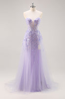 Load image into Gallery viewer, Sparkly Lilac Tulle Strapless Corset Long Prom Dress with Appliques