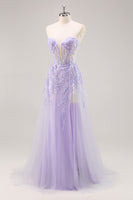 Load image into Gallery viewer, Sparkly Lilac Tulle Strapless Corset Long Prom Dress with Appliques