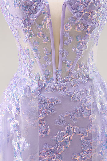 Sparkly Lilac Tulle Strapless Corset Long Prom Dress with Appliques