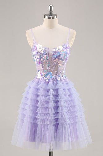 Sparkly Purple Floral Corset Tiered Short Prom Dress with Ruffles