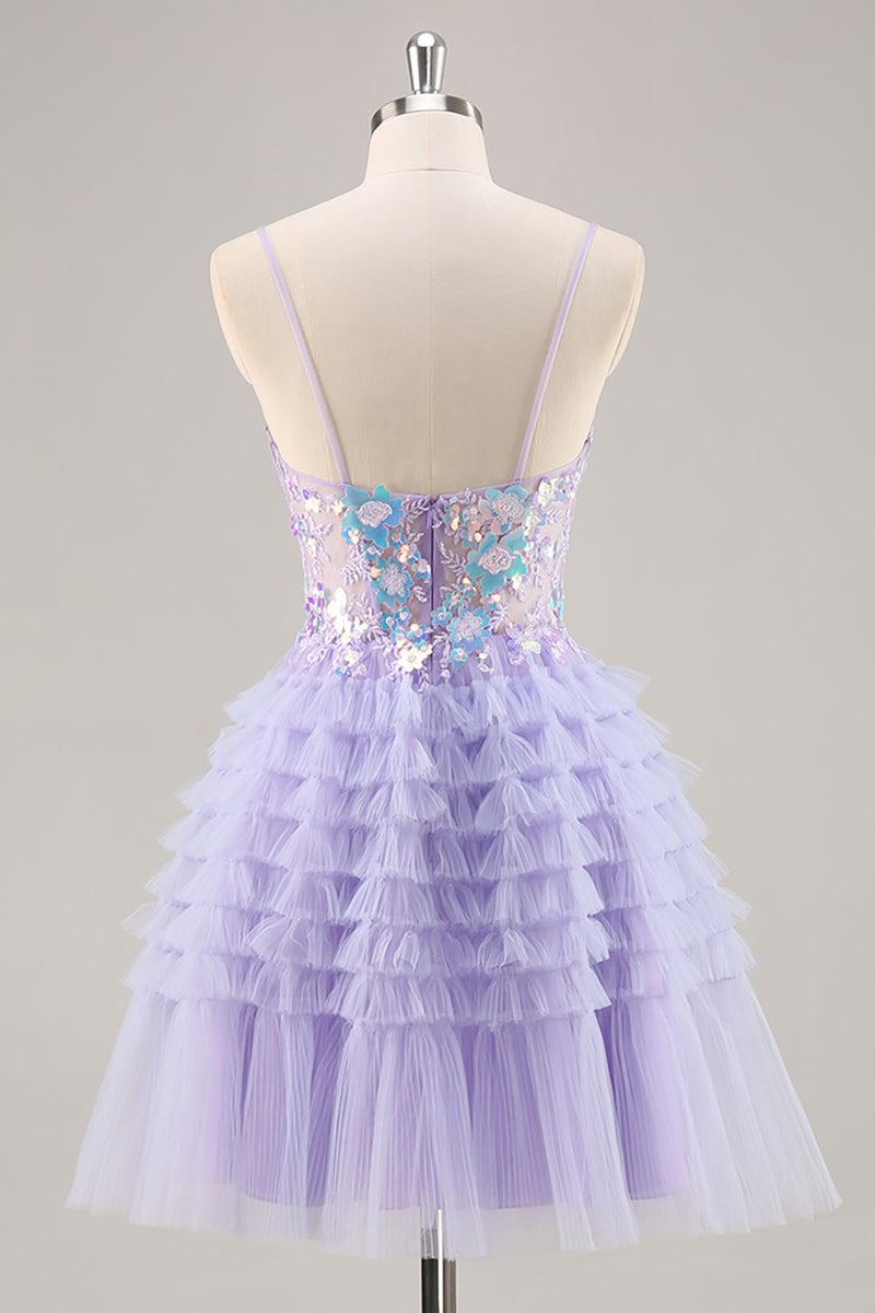 Load image into Gallery viewer, Sparkly Purple Floral Corset Tiered Short Prom Dress with Ruffles