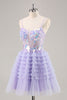 Load image into Gallery viewer, Sparkly Purple Floral Corset Tiered Short Prom Dress with Ruffles