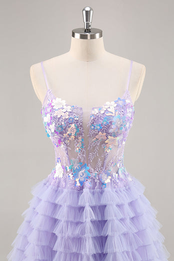 Sparkly Purple Floral Corset Tiered Short Prom Dress with Ruffles