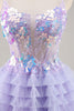Load image into Gallery viewer, Sparkly Purple Floral Corset Tiered Short Prom Dress with Ruffles