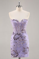 Load image into Gallery viewer, Sparkly Purple Corset Sequin Floral Short Prom Dress with Lace