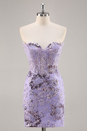 Sparkly Purple Corset Sequin Floral Short Prom Dress with Lace
