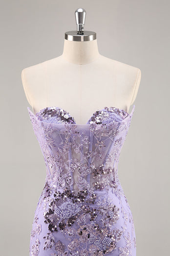 Sparkly Purple Corset Sequin Floral Short Prom Dress with Lace