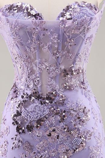 Sparkly Purple Corset Sequin Floral Short Prom Dress with Lace