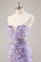 Load image into Gallery viewer, Sparkly Purple Corset Sequin Floral Short Prom Dress with Lace