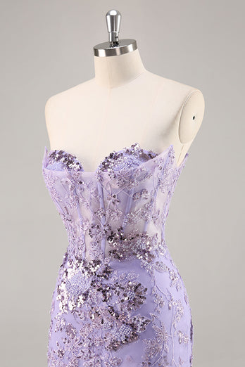 Sparkly Purple Corset Sequin Floral Short Prom Dress with Lace