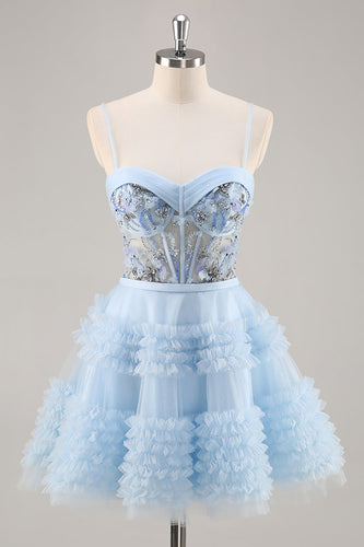 Sparkly Blue Corset Floral Ruffled Short Prom Dress with Beading