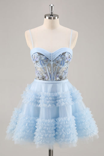 Sparkly Blue Corset Floral Ruffled Short Prom Dress with Beading