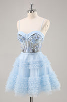 Load image into Gallery viewer, Sparkly Blue Corset Floral Ruffled Short Prom Dress with Beading